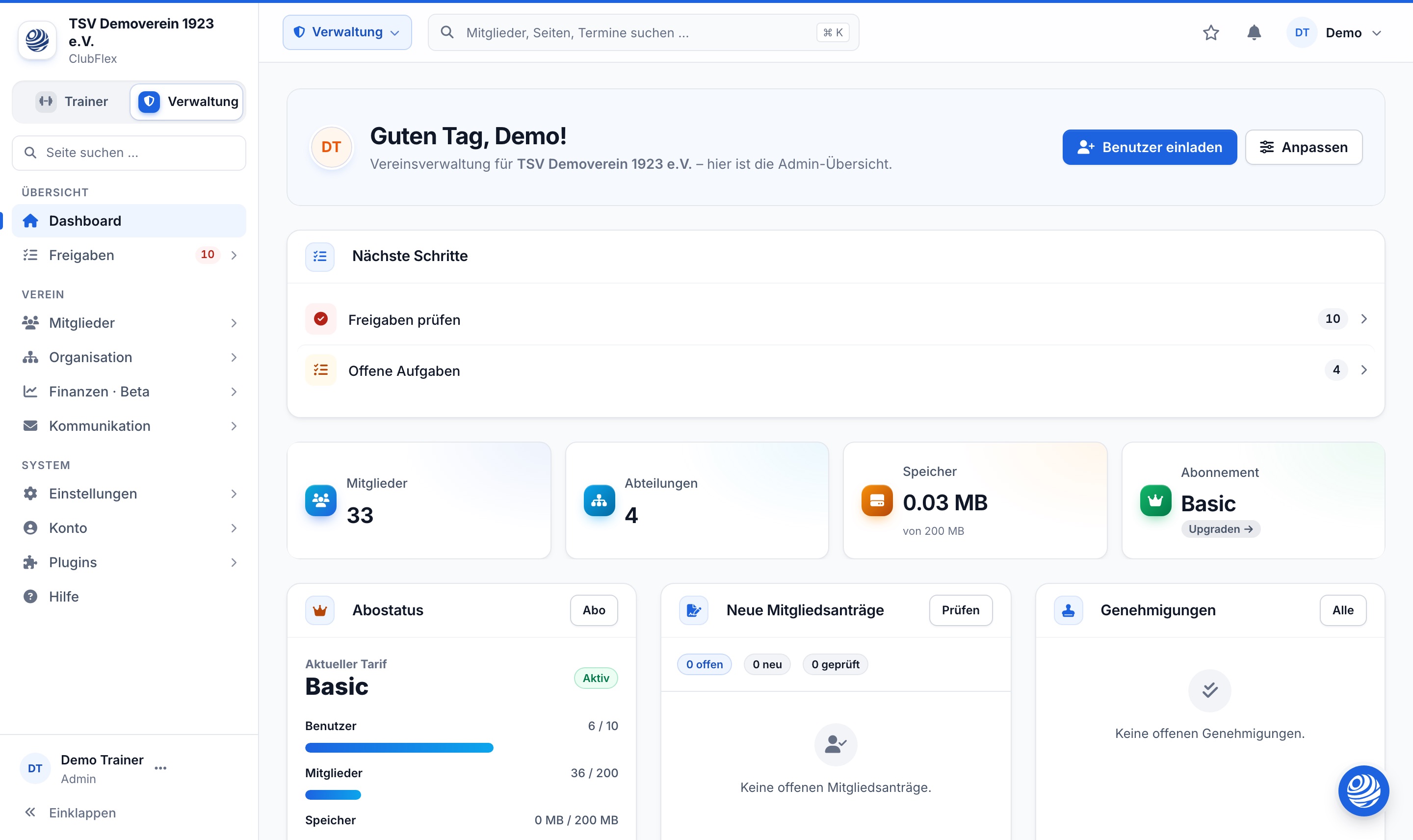 ClubFlex Admin-Dashboard mit Kennzahlen, nächsten Schritten und Abo-Status