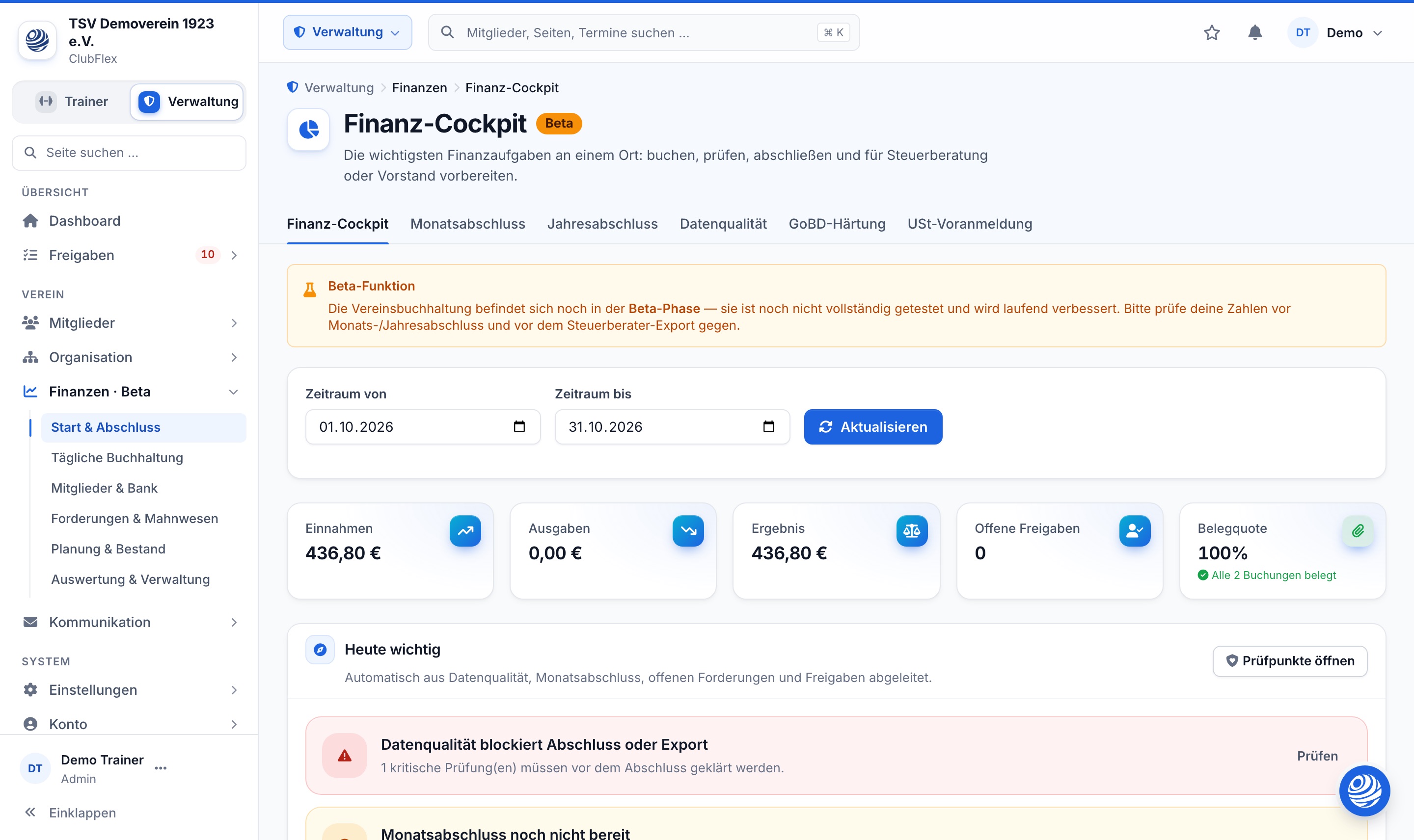 Finanzübersicht in ClubFlex