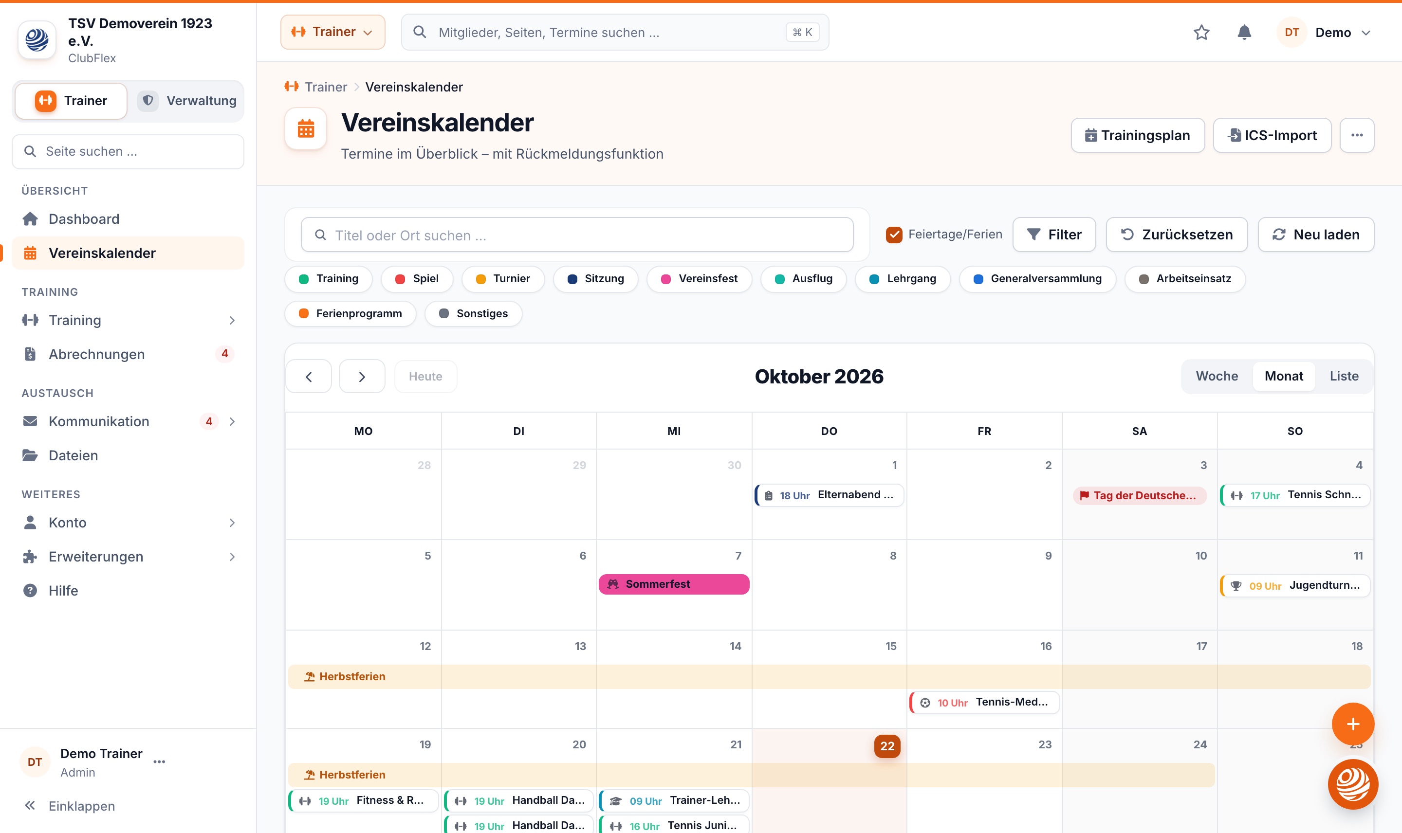 Vereinskalender in ClubFlex