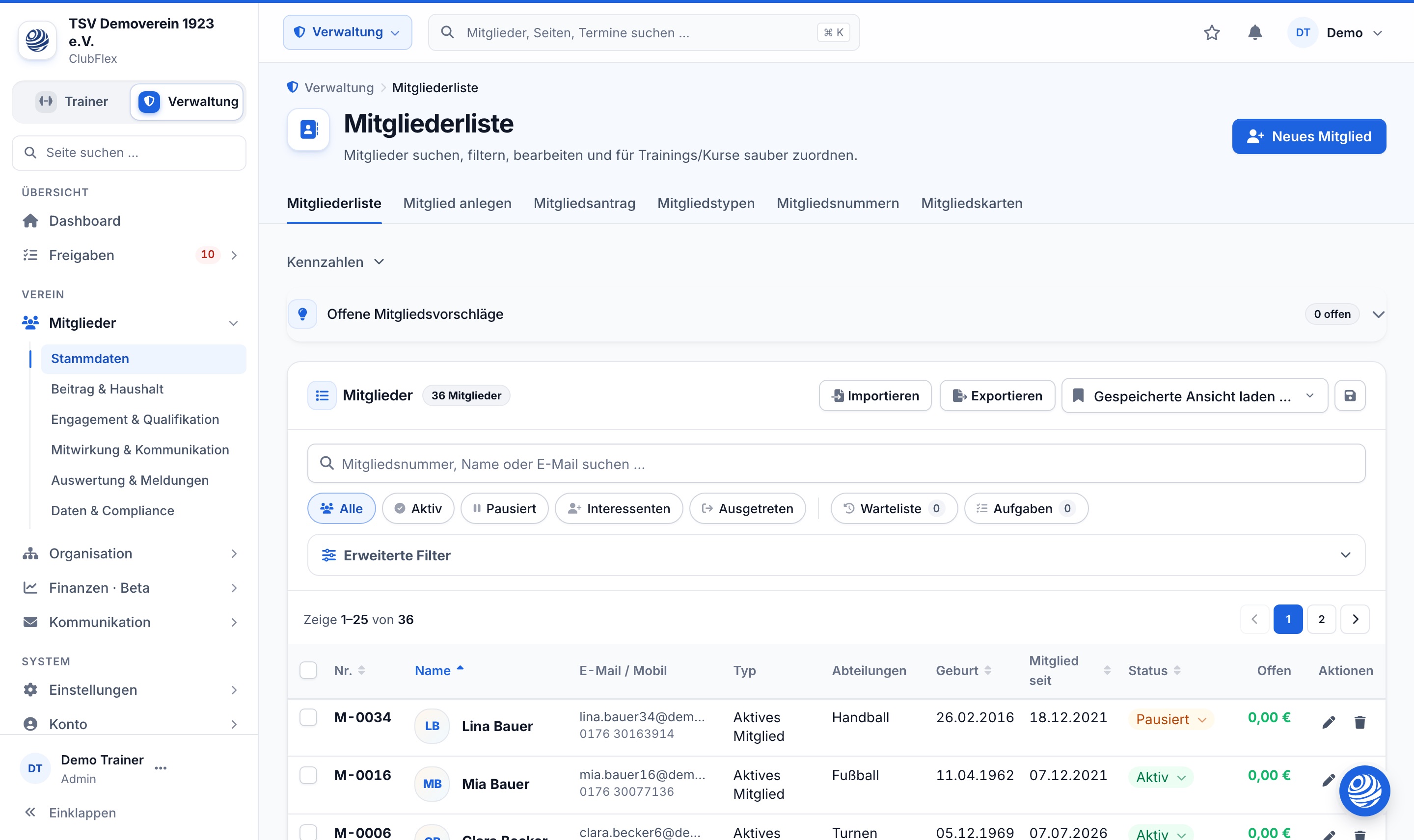 Mitgliederliste in ClubFlex mit Suche, Schnellfiltern und Spalten