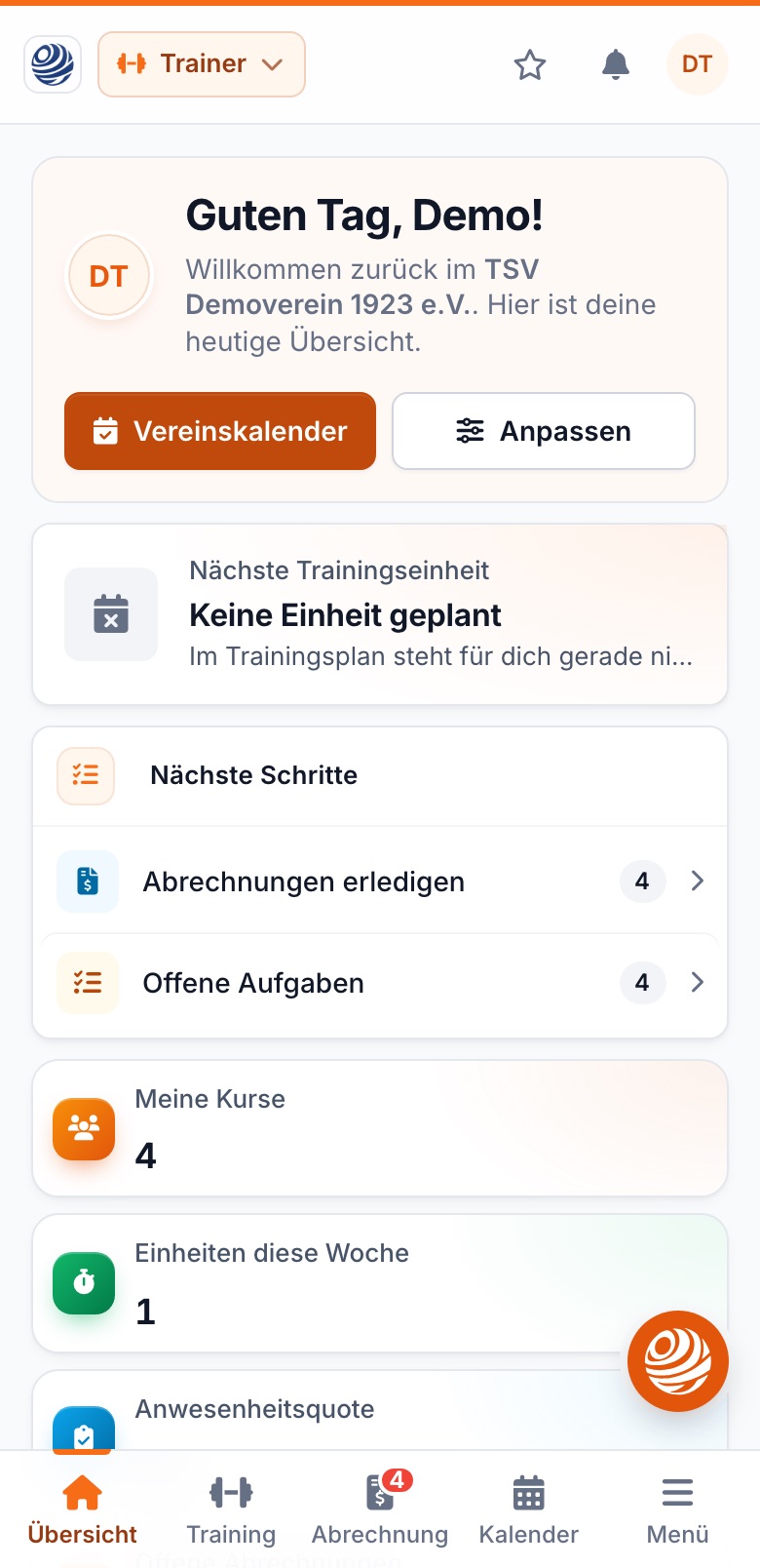 ClubFlex auf dem Smartphone: Trainer-Dashboard